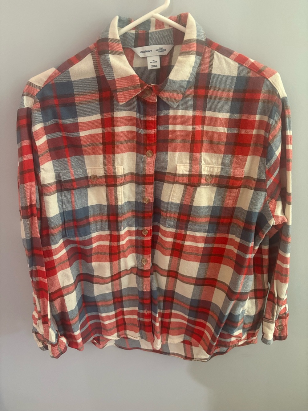 Old Navy Red Blue Cream Plaid Button-Down Shirt